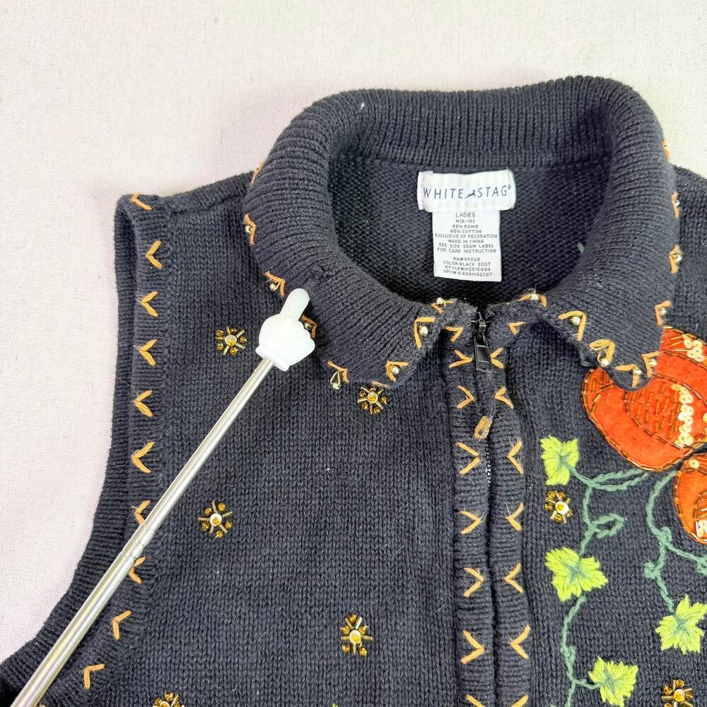 Vintage 90s Halloween Pumpkin Embroidered Beaded Sweater Vest Womens M Zip Front - Picture 9 of 14